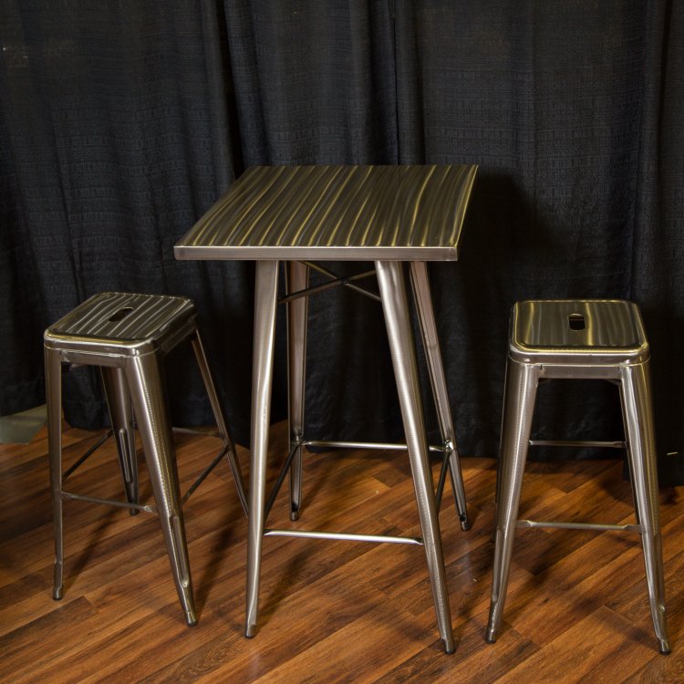 Silver Bistro Square Table w/ 2 Stools